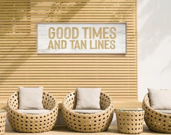 Faux wood good times sign in butternut gold, beach house wall art with a thin white frame, wide canvas