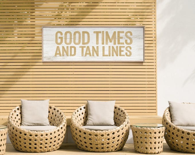 Faux wood good times sign in butternut gold, beach house wall art with a thin white frame, wide canvas