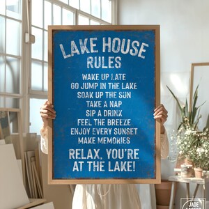 LAKE HOUSE RULES Sign, Ocean Blue, Coastal Lake House Decor, Fun Lake Home Canvas Print, Gift for Lake Lover, Lake Wall Decor in Ocean Blue