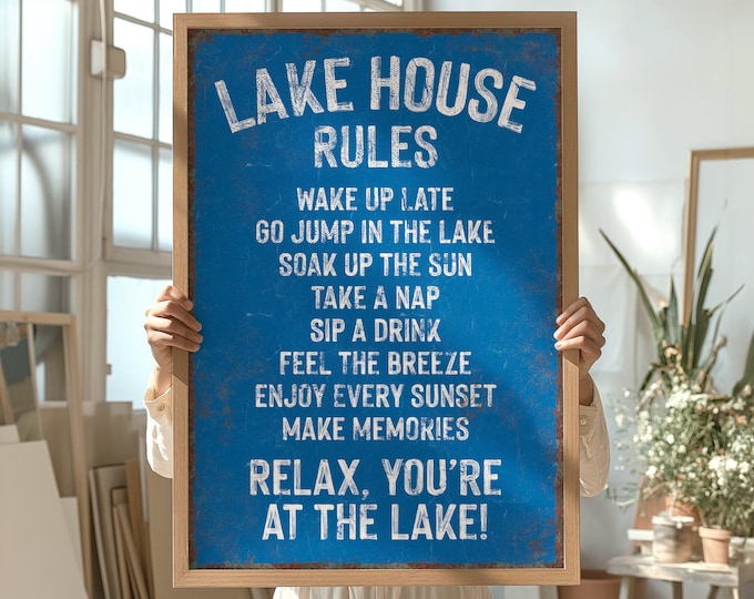 LAKE HOUSE RULES Sign, Ocean Blue, Coastal Lake House Decor, Fun Lake Home Canvas Print, Gift for Lake Lover, Lake Wall Decor in Ocean Blue
