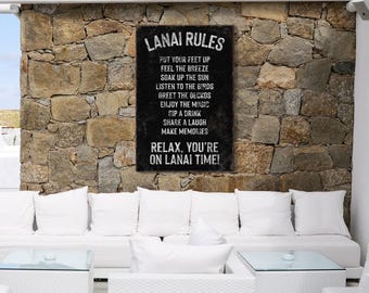 Rustic Lanai Rules Sign: White on Black, Vintage Pool Decor