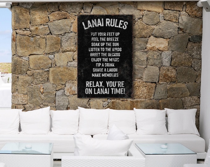 Rustic Lanai Rules Sign: White on Black, Vintage Pool Decor