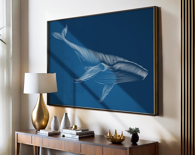 Ocean Themed Whale Wall Art, Cobalt Navy Nautical Print, Beach House Sign and Coastal Gift