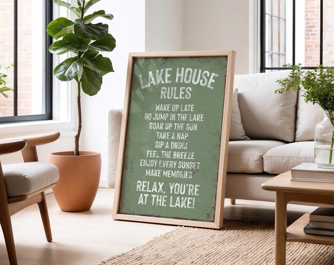 Lake House Rules Sign, Seagrass Green Retro Style (Rustic Maple Frame)