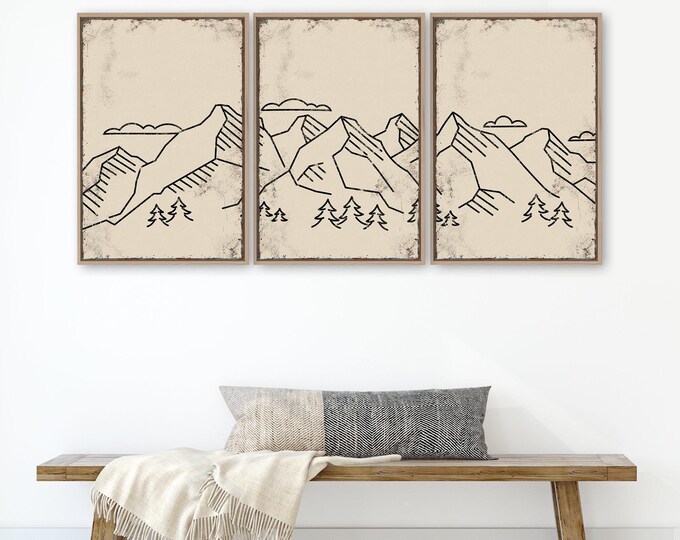 Mountain Triptych Wall Art - Abstract 3 Piece Set with Rustic Frame