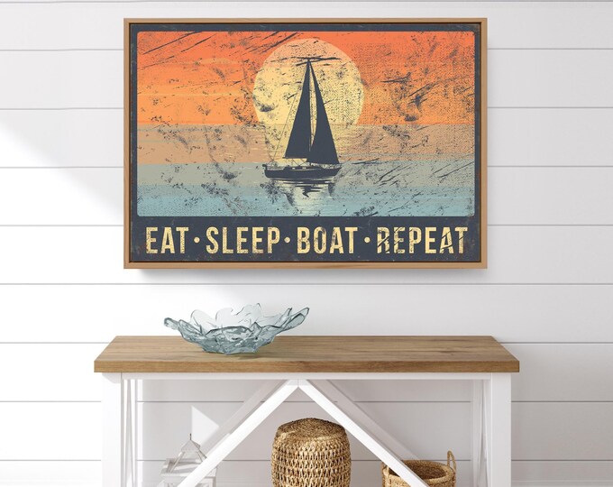 Sailboat Wall Art, Eat Sleep Boat Repeat Navy Sunset Sign, Lake House Gift