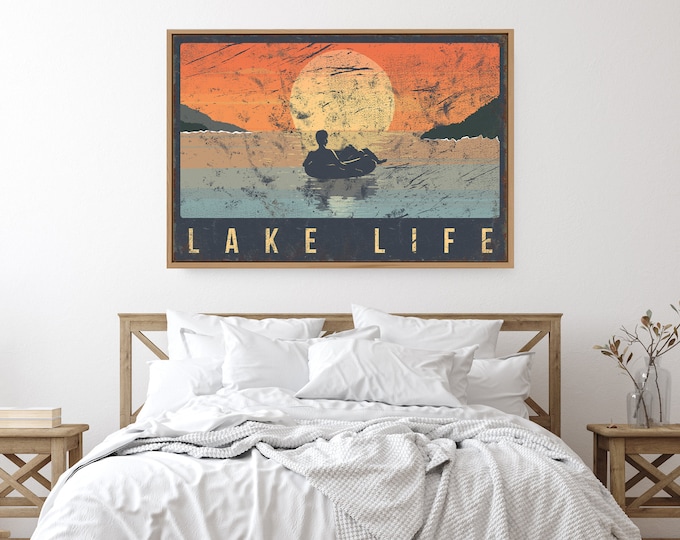 Sunset LAKE LIFE Sign, Man Floating on Tube at Sunset, Lake Canvas Prints for Modern Farmhouse Decor, Lakehouse Gift Ideas