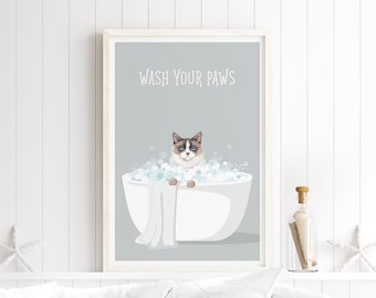 Ragdoll Bath Print, Feline Friend Art, Cat Mom Gift, Playful Cat Wall Decor, Humorous Bathroom Poster, Minimalist Gray Farmhouse Style