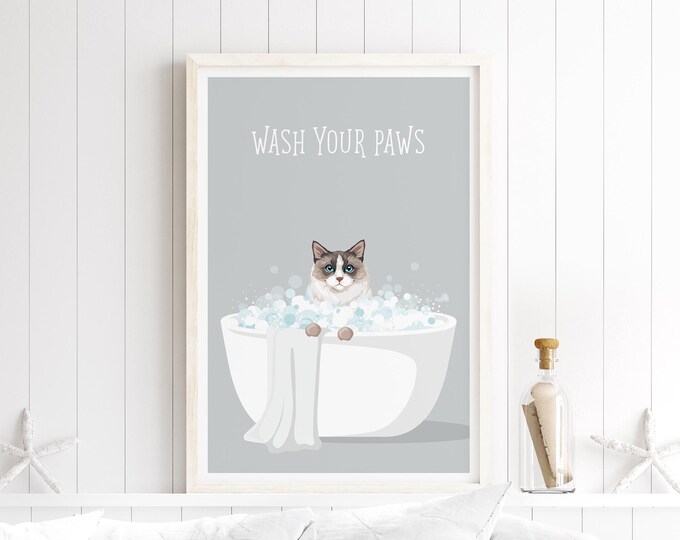 Ragdoll Bath Print, Feline Friend Art, Cat Mom Gift, Playful Cat Wall Decor, Humorous Bathroom Poster, Minimalist Gray Farmhouse Style