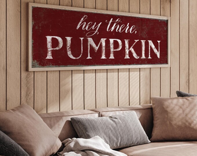 Fall Pumpkin Decor, Hey There Sign, Cranberry Red and Cream Autumn Wall Art