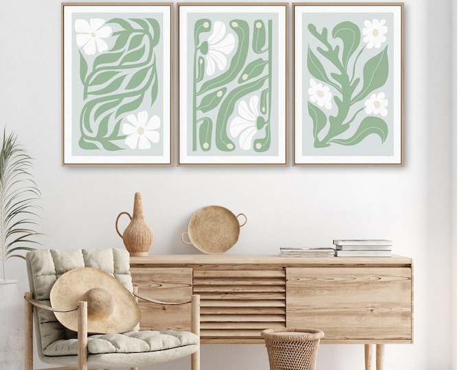 Large Wall Art Decor, White Daisy Triptych, Sage Green Stems, Matisse Style Gift For Her