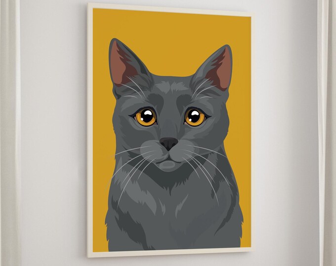 Gift for Graduate, Russian Blue Cat on Golden Ochre, Pop Art Feline Wall Decor, Pet Print