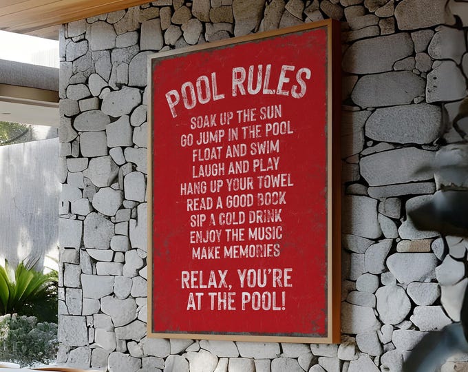 Retro Pool Rules Sign In Real Red, Vintage Style Wall, Poolside Decor, Vacation Art, Canvas or Aluminum Print, Outdoor Gift