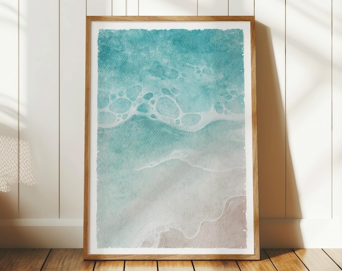 Oversized Coastal Wall Art: Watercolor Beach Scene - Rustic Wood Frame