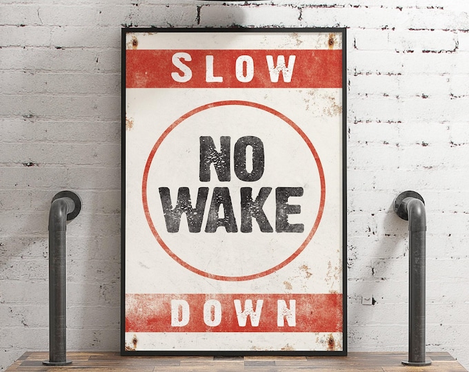 No Wake Sign, Red Vintage Nautical Lake House Wall Art, Boat Owner Gift