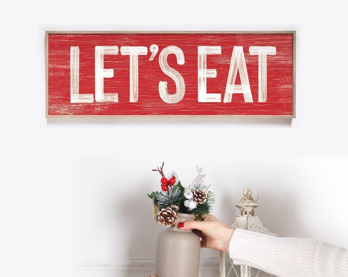 Gather Sign Decor, Lets Eat Art, Cherry Red and White Weathered Wall Print
