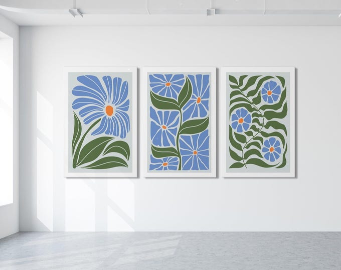 Floral Triptych Wall Art, Periwinkle Cornflower Blue Bloom, Olive Green Botanical Print