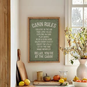 Cabin Rules Sign, Retro Ski Lodge Wall Art, Cozy Mountain Decor