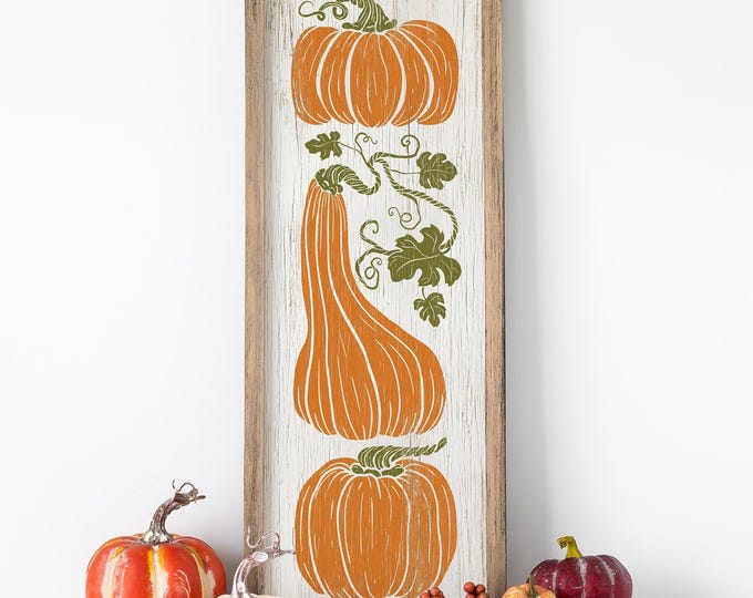 Long Vertical Pumpkin Harvest Sign, Fall Pumpkin Decor for Porch, Sign with 3 Orange Pumpkins, Indoor Outdoor Option Available, Fall 1x3, 01
