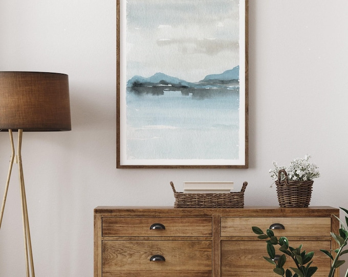 Misty Lake Art Slate Blue Lake Wall Print Calm Lake House Decor