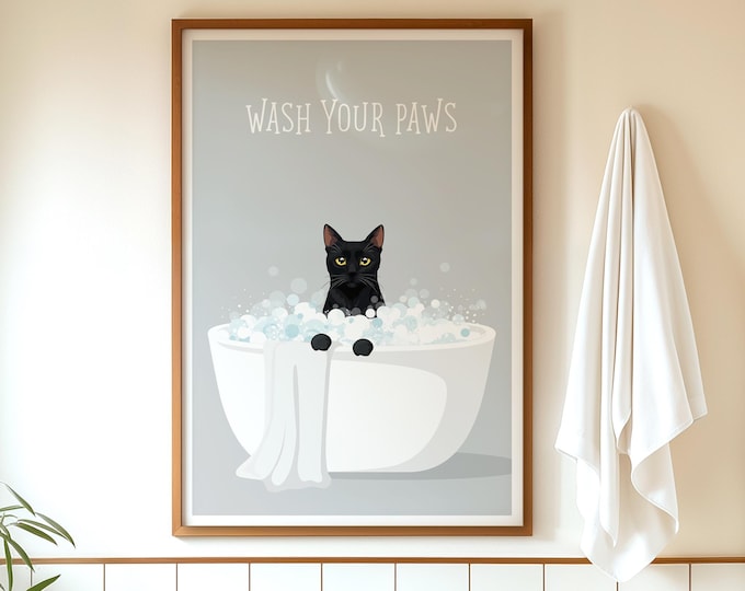 Black Cat Wash Your Paws Bathroom Wall Art, Calm Pet Decor