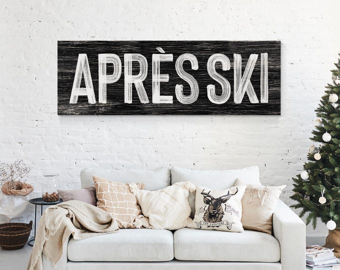 APRES SKI Sign in black and white, faux weathered wood, seasonal wall art, apres ski wall print, vintage farmhouse, long horizontal wall art