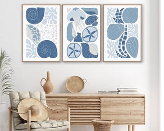 Ocean Triptych Set, Shells Seaweed Sand Dollars, Nautical Set of 3, Ocean Kids Room Decor, Gift for Ocean Lover, Dusty Blue and Gray • 343