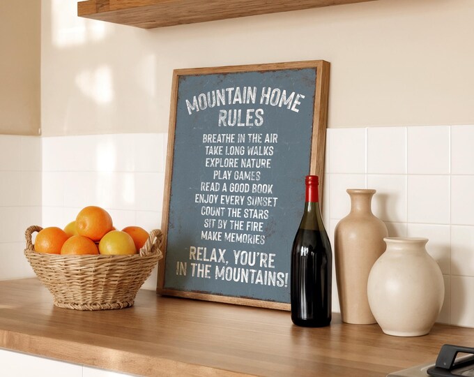 Mountain House Rules Sign, Harbor Blue Gray (Rustic Cabin Wall Art)