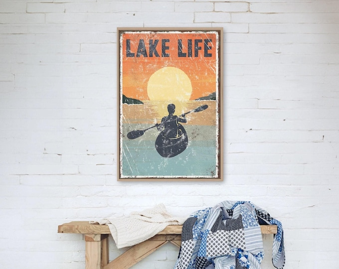 Vintage Kayak Wall Sign - Sunset Lake Scene, Rustic Frame