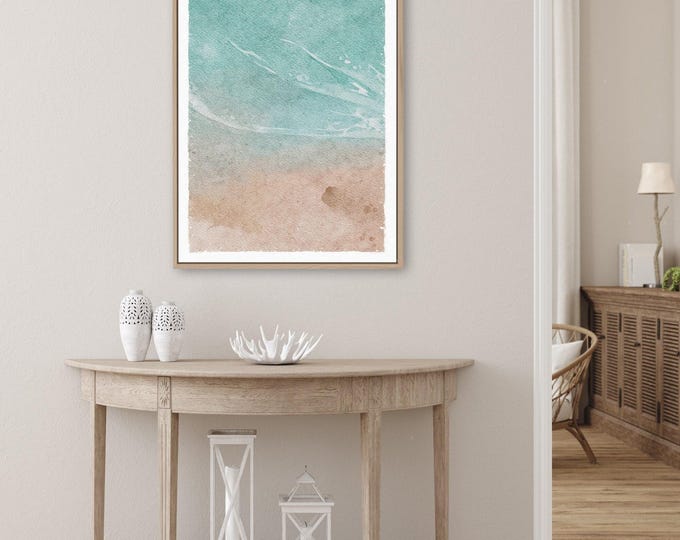 Neutral Coastal Waves Canvas, Seafoam and Tan Watercolor Shoreline, Calming Bedroom Wall Art