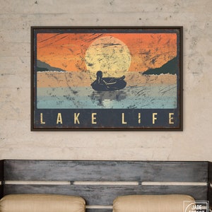 Vintage Lake Decor, Sunset Lake Art, Woman On Tube, Retro Lake Life Sign, Canvas Wall Print, Lake House Gift, Cozy Porch Decoration