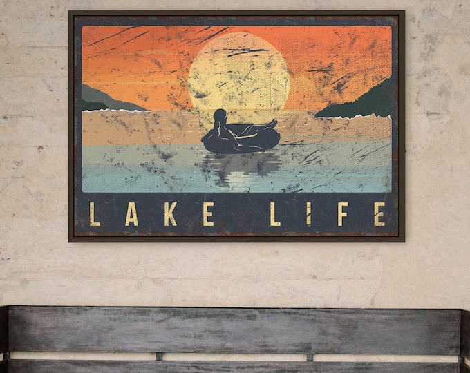 Retro LAKE LIFE Sign, Woman Floating on Tube at Sunset, Canvas Prints for Vintage Lake House Decor, Perfect Lake Gift for Her
