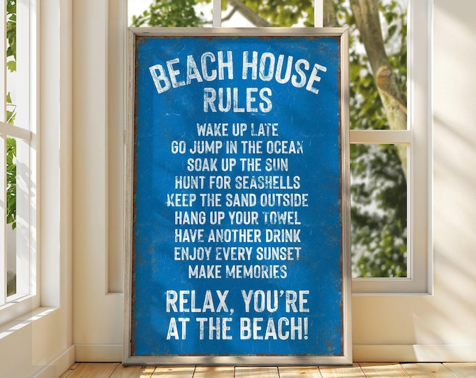 Vintage Ocean Blue BEACH HOUSE RULES Art Print, Distressed Decor for Vacation Rentals or Beach House Gifts