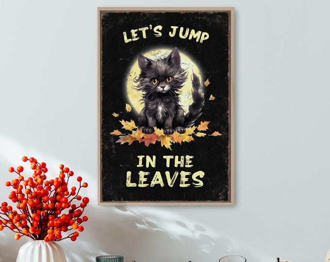 Fall Mom Gift, Jump In The Leaves Art, Black and Cream Wall Print