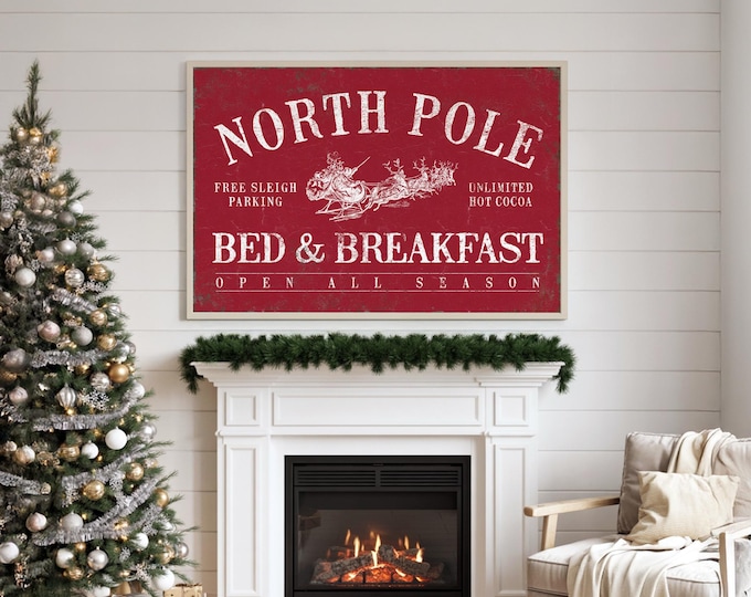North Pole Christmas Sign: Rustic Canvas Art - Multiple Size Options