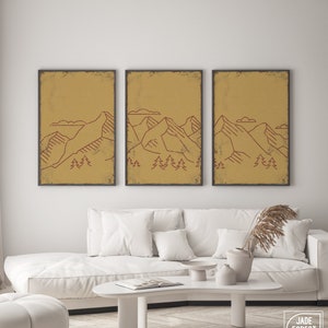 Triptych Wall Art, Mountain Landscape, Abstract Wall Art, 3 Piece Set, Modern Home Decor, Modern Farmhouse, Mountain Range Butternut • 021