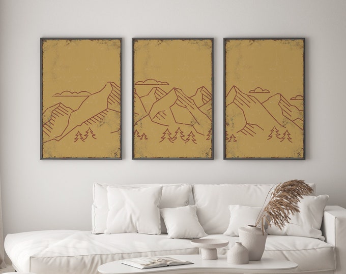 Triptych Wall Art, Mountain Landscape, Abstract Wall Art, 3 Piece Set, Modern Home Decor, Modern Farmhouse, Mountain Range Butternut • 021