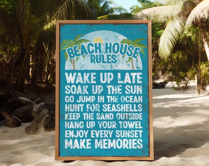 Duck blue coastal beach rules sign, vintage teal metal look wall art with palm trees and sun