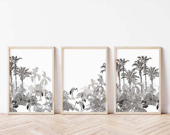 Triptych Wall Art, Framed Triptych Set, Vintage Lithograph, Tropical Panorama Print, Exotic Oriental Pattern, Modern Farmhouse Decor