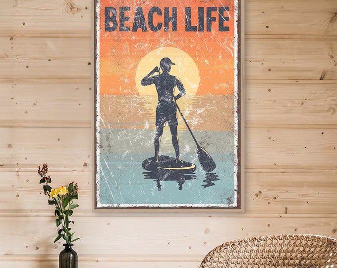 vintage BEACH LIFE paddle board poster, retro paddleboard sunset sign, SUP, for beach house decor, male paddle boarder, coastal wall decor