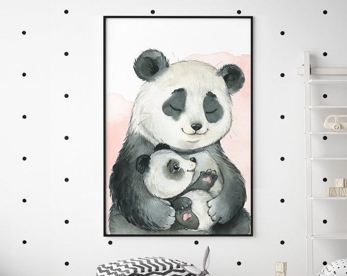 Panda Bear Nursery Wall Art, Mommy and Baby Panda Hugging, Mommy and Me Watercolor, Gift for Jungle Nursery Decor, Gift for First Birthday