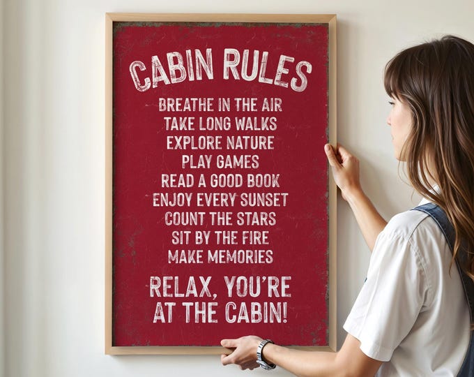 Cabin Rules Wall Art in Barn Red, Vintage Lodge Print, Gift for Mom