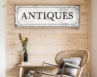 Antiques Sign in Black on Distressed White, Long Skinny Print, Flea Market Booth Decor