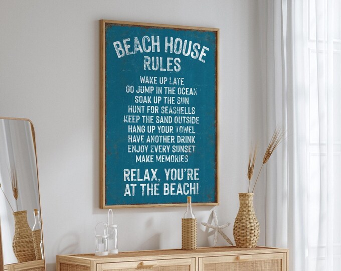 Vintage London Blue Beach House Rules Sign, Distressed Beach House Decor and Vacation Rental Gift
