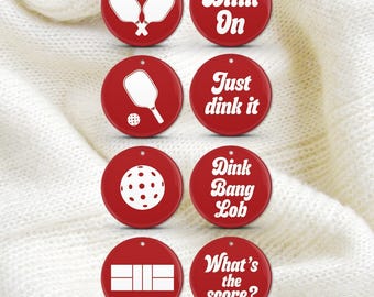 Gift Set Pickleball, Christmas Red Ornaments with Four Court Sayings in Porcelain or Aluminum