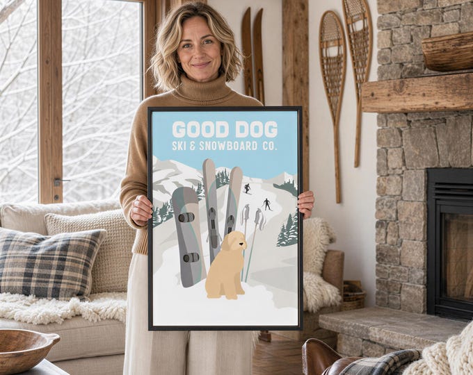Goldendoodle Ski Lodge Canvas, Good Dog Ski and Snowboard Co Rustic Wall Art