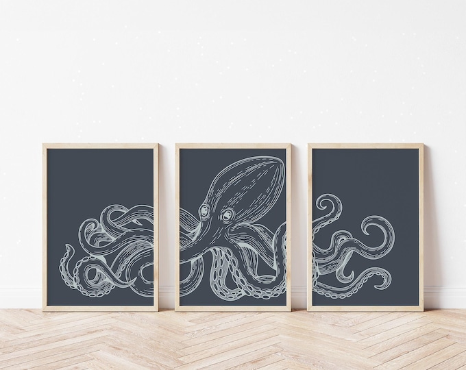 Octopus Art Triptych, White Line Drawing on Charcoal, Vintage Nautical Print Set of 3