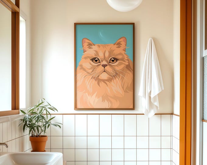 Cat Gift for Dad, Cream Persian on Teal, Fluffy Feline Pop Art Wall Decor, Pet Print