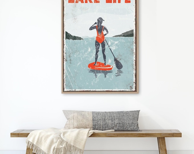 Lake Life Vintage Wall Sign, Red Paddleboarder, Boho Lake Decor