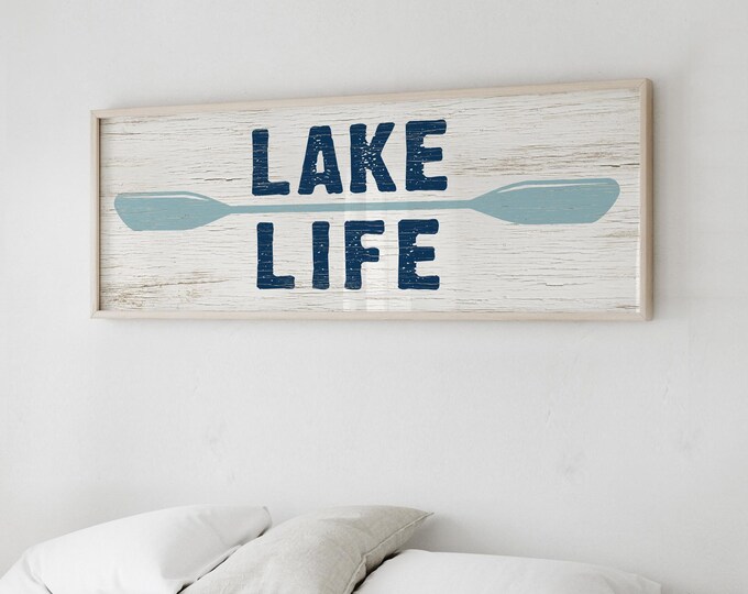 Lake Life Paddle Sign, Rustic Wood, Nautical Blue (Long Skinny)